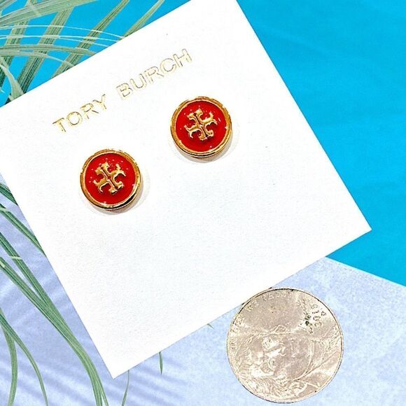 TORY BURCH KIRA RED CIRCLE STUD EARRINGS DOUBLE T LOGO - Picture 1 of 3
